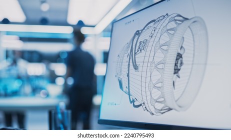 Close Up of a Computer Monitor Display with 3D CAD Software with Prototype Turbine Motor Project. Interface with Vital Setting and Programming Options for the Industrial Engine Prototype. - Shutterstock ID 2240795493