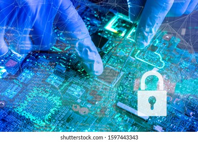 close up of the computer nano chip with a lock icon on top of it, personal data security