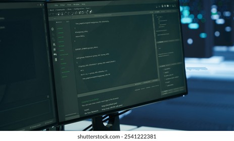 Close up of computer peripherals used by engineers coding in modern data center, monitoring security threats. PC monitors used by server room employees ensuring compliance with regulations