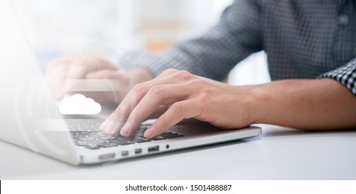 Close Up Computer Programmer Man Hand Typing On Keyboard For Transfer Or Synch Data Upload And Download From Cloud Computing With Virtual Interface In Operation Room, Technology Business Concept	
