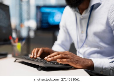 Close up of computer scientist using AI chatbot to review code file for bugs. IT expert using artificial intelligence to suggest optimizations and speed up application performance
