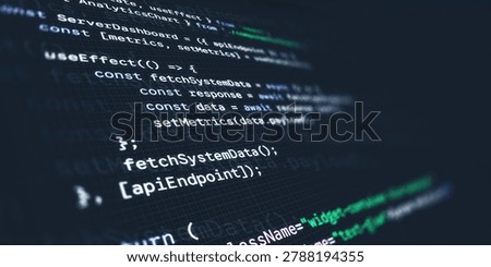 Close up of a computer screen displaying modern React JavaScript programming code with syntax highlighting