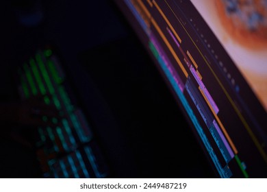 a close up of a computer screen with a keyboard in the background . High quality
