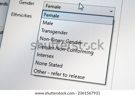 Close up of computer screen showing dropdown list of gender identities including female, male, transgender, non binary, intersex and other options.