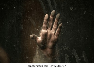 Close up conceptual image of a Monkey trapped inside a glass cage held in captivity.