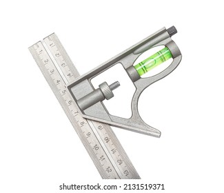 Close Up Construction Tools Part Of Square Ruller With Construction Level Isolated White