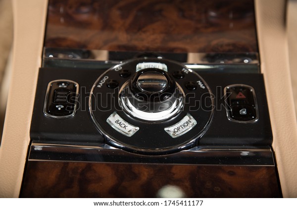 Close up\
of a control panel in a modern car\
interior