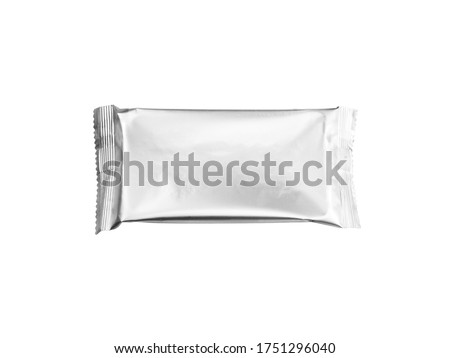 Close up cookies or chocolate foil package no logo isolated on white background, top view.