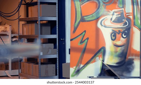 Close up of cool spray can mural on colorful basement walls filled with graffiti art, urban culture. Artwork done by guerilla artists in artsy abandoned building by teenagers, vandalism concept - Powered by Shutterstock