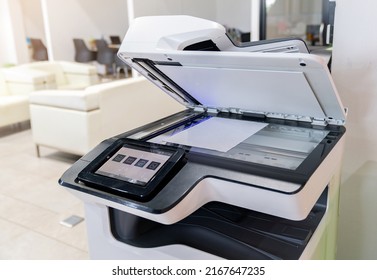 Close Up Copier Machine Open Cover In Medern Machine. Copy, Printing Or Scanning.