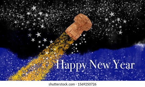 Close up of cork popping out from bottle of champagne at a party. Cork flying up in the dark blue night sky on bokeh in joyful background image with stars and glitter. Happy New Year text. - Powered by Shutterstock