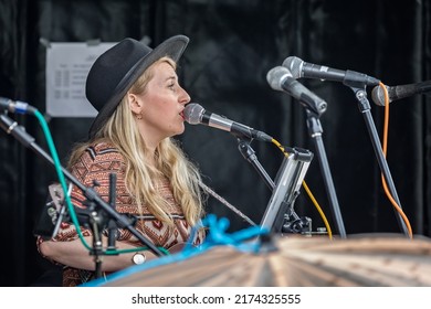 Close Up Of A Country And Western Band Female Singer Performing In The Bandstand In Warminster Park, Wiltshire, UK On 3 July 2022