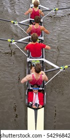 Close Up Of A Coxed Four Rowing Team, Seen From Above