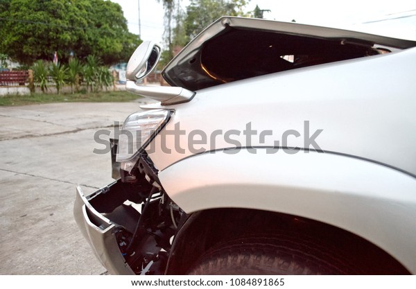 Close up Crashed car hood, Front part of a crashed\
car wreck