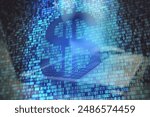 Close up of creative blue binary coding hologram with dollar outline on blurry workplace background. Digital money and cryptocurrency concept. Double exposure