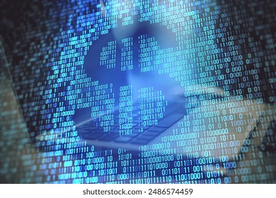 Close up of creative blue binary coding hologram with dollar outline on blurry workplace background. Digital money and cryptocurrency concept. Double exposure