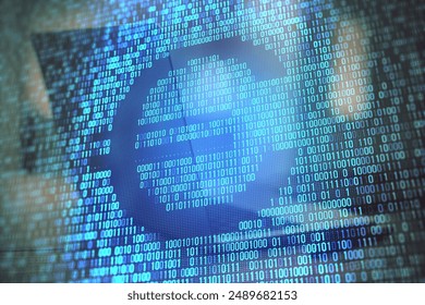 Close up of creative blue binary coding hologram with euro outline on blurry workplace background. Digital money and cryptocurrency concept. Double exposure