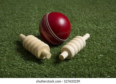 Close Up Of Cricket Ball And Bails On Lawn