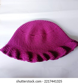 Close Up Crochet Bucket Hat On White Background Handmade Products 