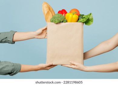 Close up cropped female hold in hand brown paper bag with food products isolated on blue color wall background studio. Delivery service from shop or restaurant concept. Copy space advertising mock up