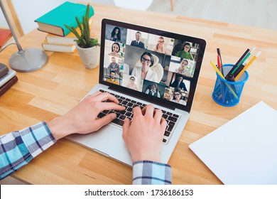 Close Up Cropped Photo Of Young Man Typing Hands Arms Laptop In Home Office Speaking Talking Skype Online Group Video Call See Happy Smiling Friendly Colleagues Partners