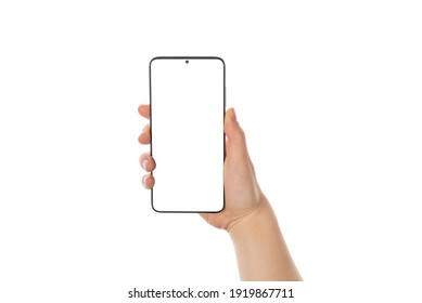 Close Up Cropped View Photo Picture Of Woman's Hand Holding Showing Blank Empty Screen Of Her Smart Telephone Isolated White Color Backdrop