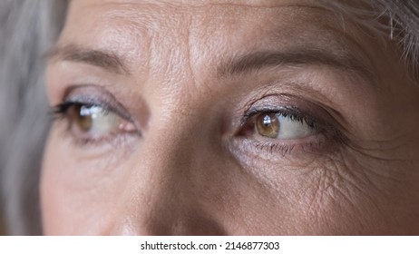 Close up cropped wrinkled front face view of attractive brown-eyed older woman staring into distance looking pensive and thoughtful. Eyes vision check up clinic ad services for older citizen concept - Shutterstock ID 2146877303