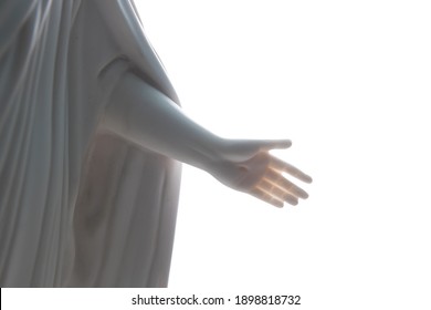 Close Up Of The Crucified Hand Of Jesus Christ On Marble Statue With A White Background