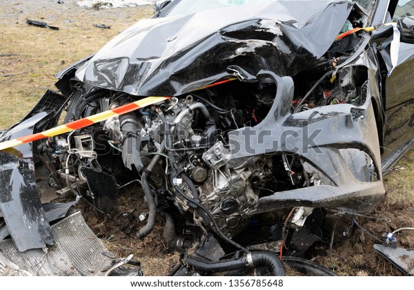Close up of crushed\
car after bad crash.