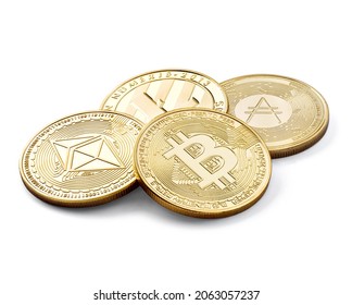 Close up of a crypto currency coin bitcoin ethereum litecoin and cardano on a white background - Shutterstock ID 2063057237