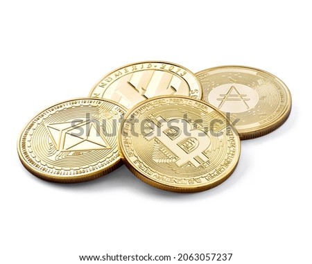 Close up of a crypto currency coin bitcoin ethereum litecoin and cardano on a white background