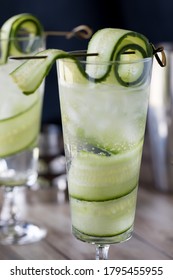 Close Up Of A Cucumber Cocktail Spritzer In A Tall Glass Ready For Drinking.