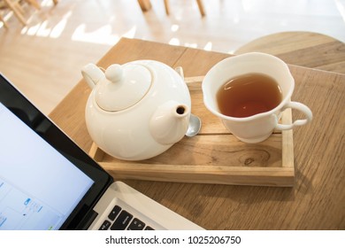 Close up of cup of tea on table