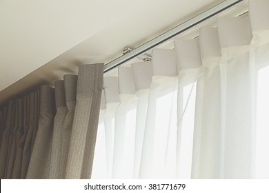 Close up of curtain. part of draperies at a window.