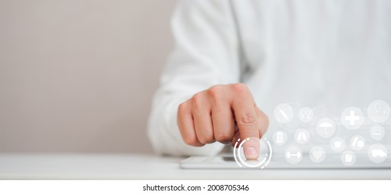 Close Up Customer Man Hand Touch On Digital Display To Choose Health Insurance Program On Agent Website With Virtual Interface Of Therapy For Life And Medical Technology Concept