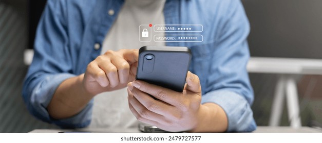 close up customer man hand type smartphone to access account on website by input username and password at office for security of business and PDPA system  technology concept - Powered by Shutterstock