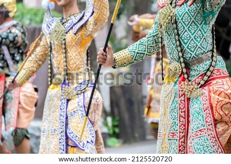 Close up to the custume of The performance Thai traditional drama story Khon epic, Ramakien or Ramayana.