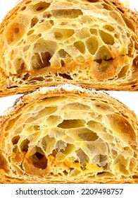 Close Up The Cut Of The Croissant. Puff Pastry Macro Background