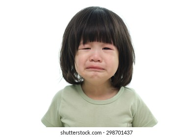 Close Up Of Cute Asian Child Crying On White Background Isolated