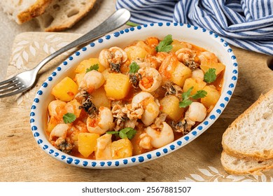 Close up of Cuttlefish stew with potatoes. Bread. Spanish meal.
