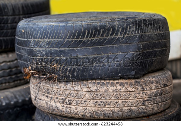 close up of damage flat tire.\
