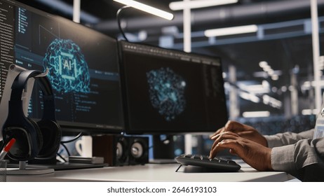 Close up of data center admin coding, writing script on PC identifying bottlenecks. Server farm IT expert typing on computer keyboard, troubleshooting bugs, implementing optimizations, camera A