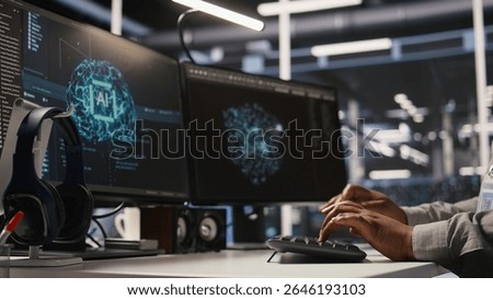 Close up of data center admin coding, writing script on PC identifying bottlenecks. Server farm IT expert typing on computer keyboard, troubleshooting bugs, implementing optimizations, camera A