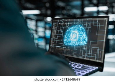 Close up of data center admin doing checkup, using machine learning to prolong hardware life span. Server hub employee monitoring infrastructure rigs using neural networks