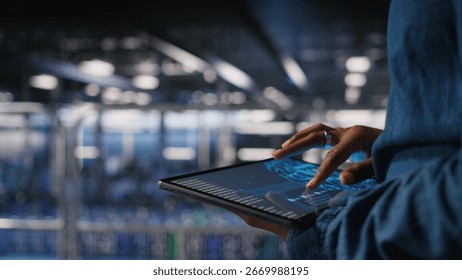 Close up of data center engineer using tablet, doing maintenance on rigs handling AI processing tasks. Server hub computer scientist managing storage arrays supporting deep learning tech,