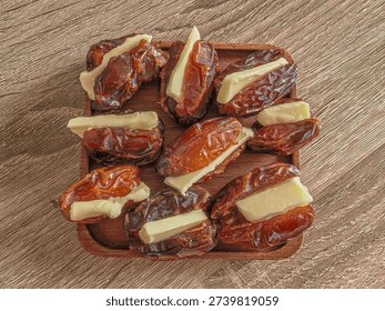 Close up of dates stuffed with butter. 