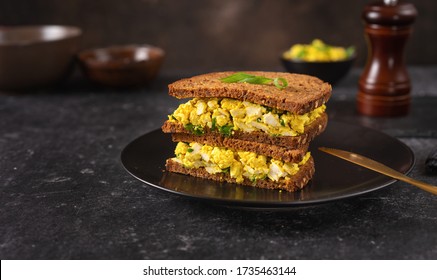 Close Up Of Delicious And Colorful Vegan Burger Sandwich With Vegan Egg Salad