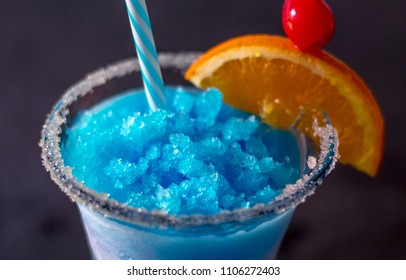 Close Up Of A Delicious Frozen Drink Called A Blue Whale, With Ice, Lemonade, Citrus Vodka And Curacao Blue 