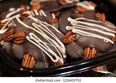 Close Up Of Delicious Rich Chocolate Turtles With White Icing Flourish And Toasted Pecans.  Party Dessert Or Hostess Gift Idea.