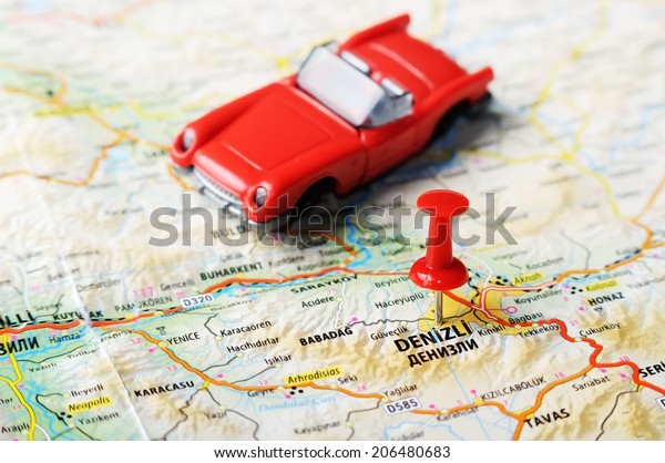 Close up of Denizli ,Turkey  map with red pin and\
a car    - Travel concept